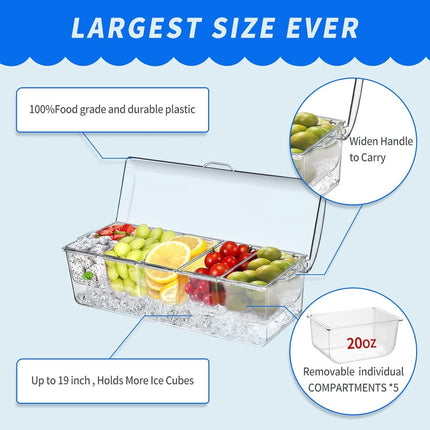Large ice-cooled condiment holder - Chilled condiment holders - with lids for 5 removable compartments (2.5 cups) - Serving bowls, fruit and garnish bowl - for party supplies and bar accessories.
