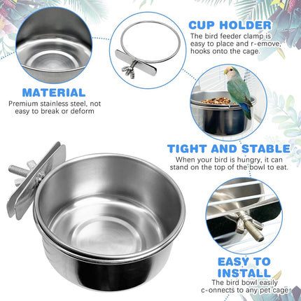 Parrot feeder - Bird food bowl - Stainless steel water bowl for bird cage with clip holder - Suitable for birds and hamsters - 10 cm - 2 pieces.