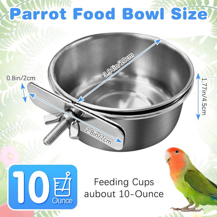 Parrot feeder - Bird food bowl - Stainless steel water bowl for bird cage with clip holder - Suitable for birds and hamsters - 10 cm - 2 pieces.