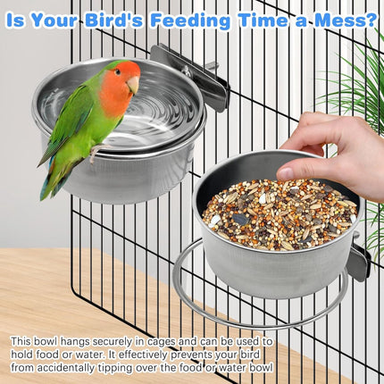 Parrot feeder - Bird food bowl - Stainless steel water bowl for bird cage with clip holder - Suitable for birds and hamsters - 10 cm - 2 pieces.