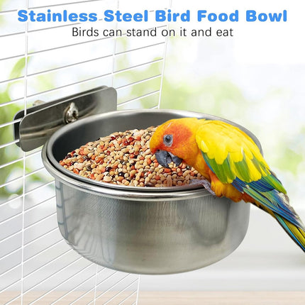 Parrot feeder - Bird food bowl - Stainless steel water bowl for bird cage with clip holder - Suitable for birds and hamsters - 10 cm - 2 pieces.