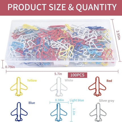 Paperclips - Pack of 100, creative paperclips in the shape of a small airplane in rainbow colors - Available in multiple colors - Fun metal bookmarks in the shape of a small airplane.