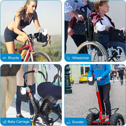 Stroller cup holder - Bicycle cup holder - Universal cup holder - 2-in-1 cup holder and phone holder - Suitable for strollers, bicycles, walkers, and wheelchairs.