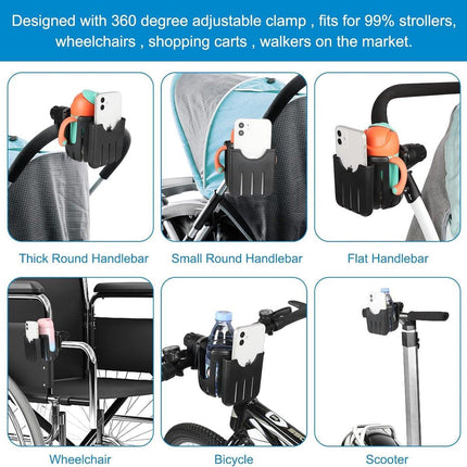 Stroller cup holder - Bicycle cup holder - Universal cup holder - 2-in-1 cup holder and phone holder - Suitable for strollers, bicycles, walkers, and wheelchairs.