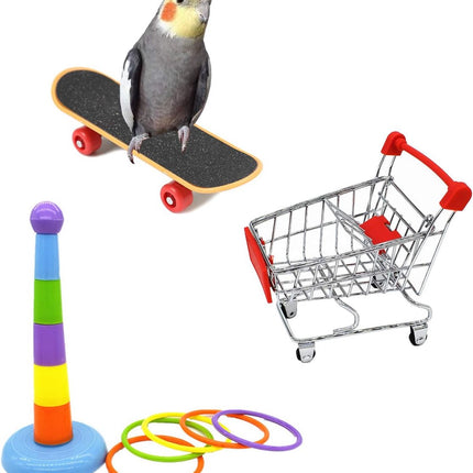 3-piece educational toy set for birds - Parrot toys - Mini shopping cart, training ring, skateboard stand - Suitable for budgies, cockatiels, conures, and lovebirds.