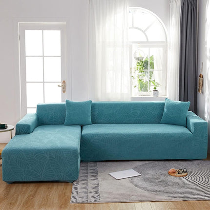 Waterproof sofa cover - Bright blue jacquard leaf pattern - For 3-seater sofa (185-230 cm).