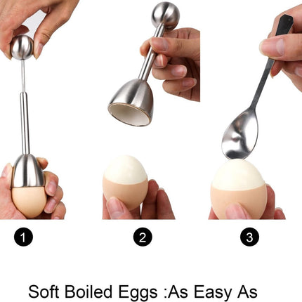 Egg Opener - Egg Separator - Eggshell Opener - Soft and Hard-Boiled Egg Separator - Includes 2 Egg Spoons, 2 Egg Cups and 1 Egg Opener - Top Slicer, Stainless Steel - Breakfast Kitchen Utensils.