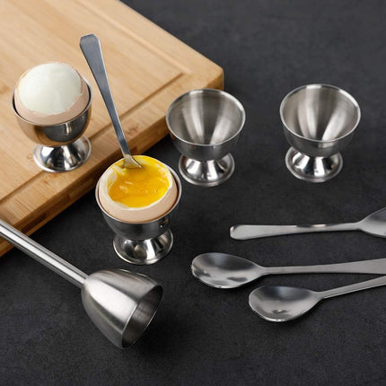 Egg Opener - Egg Separator - Eggshell Opener - Soft and Hard-Boiled Egg Separator - Includes 2 Egg Spoons, 2 Egg Cups and 1 Egg Opener - Top Slicer, Stainless Steel - Breakfast Kitchen Utensils.