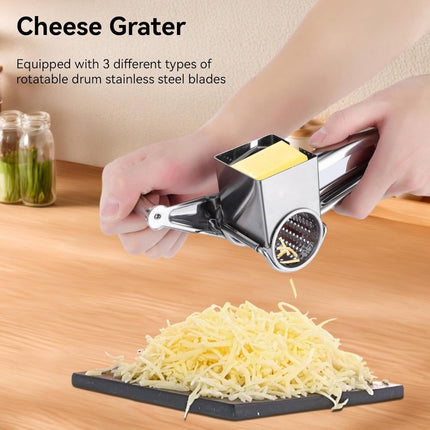 Rotary cheese grater - Stainless steel cheese cutter - Slicer - Grater - With 3 roller blades - Handy design - Suitable for kitchens.