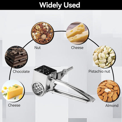 Rotary cheese grater - Stainless steel cheese cutter - Slicer - Grater - With 3 roller blades - Handy design - Suitable for kitchens.