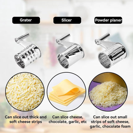 Rotary cheese grater - Stainless steel cheese cutter - Slicer - Grater - With 3 roller blades - Handy design - Suitable for kitchens.