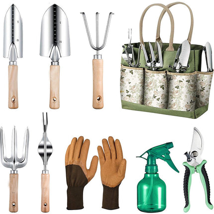 9-piece Garden Set – Stainless steel, wooden handles & watering can.