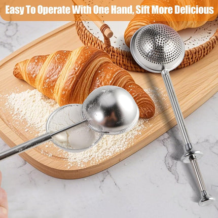 Flour Sieve - 304 Stainless Steel Fine Kitchen Sieve - Long-handled kitchen sieve - Handy Dusting Tool with Fine Mesh - Ideal for Powdered Sugar and Spices.