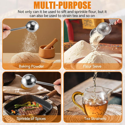 Flour Sieve - 304 Stainless Steel Fine Kitchen Sieve - Long-handled kitchen sieve - Handy Dusting Tool with Fine Mesh - Ideal for Powdered Sugar and Spices.