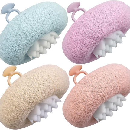 Cleaning Brush - 4-pack Newly improved 2-in-1 Sunflower Bath Ball - Ultra-soft Bath Sponge Cleaning Brush - Bath Ball with Suction Cup and Ring - Exfoliating Bath Sponge (Pink + Blue-Green + Beige + Purple).