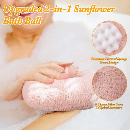 Cleaning Brush - 4-pack Newly improved 2-in-1 Sunflower Bath Ball - Ultra-soft Bath Sponge Cleaning Brush - Bath Ball with Suction Cup and Ring - Exfoliating Bath Sponge (Pink + Blue-Green + Beige + Purple).