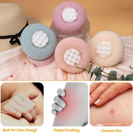 Cleaning Brush - 4-pack Newly improved 2-in-1 Sunflower Bath Ball - Ultra-soft Bath Sponge Cleaning Brush - Bath Ball with Suction Cup and Ring - Exfoliating Bath Sponge (Pink + Blue-Green + Beige + Purple).
