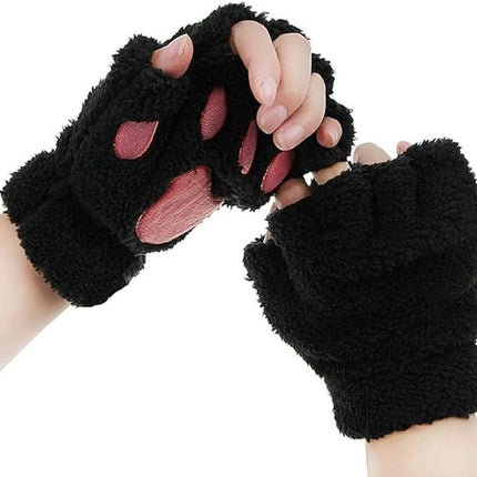 gloves-winter gloves-half-finger gloves - Extra thick men's gloves-women's gloves-warm gloves for women and girls - Cartoon panda paw.