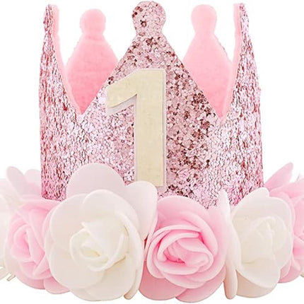 Birthday Hat - Perfect for a girl's first birthday - Rose Gold Party Crown - 3-inch Floral Princess Pink.