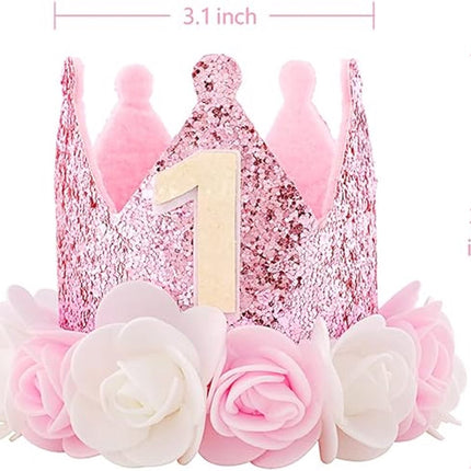 Birthday Hat - Perfect for a girl's first birthday - Rose Gold Party Crown - 3-inch Floral Princess Pink.