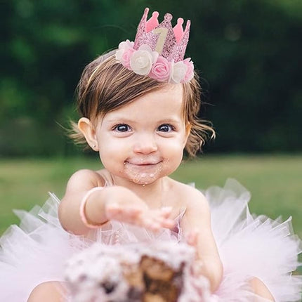 Birthday Hat - Perfect for a girl's first birthday - Rose Gold Party Crown - 3-inch Floral Princess Pink.