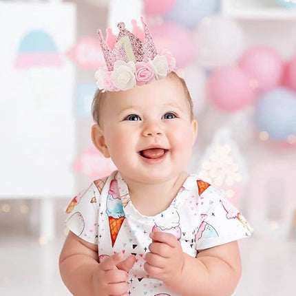 Birthday Hat - Perfect for a girl's first birthday - Rose Gold Party Crown - 3-inch Floral Princess Pink.