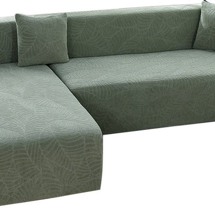 Waterproof sofa cover - Grass green jacquard leaf pattern - For 2-seater sofa (145-180 cm).