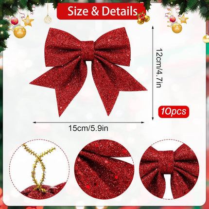 10 Pieces Red Christmas Bows - 12 x 15 cm - Glitter - Christmas Decoration Bows - Christmas Ornaments - Christmas Tree Decoration - Christmas Bows - Christmas Atmosphere - Christmas - For Christmas Party, Christmas Tree, Indoors, Crafts.