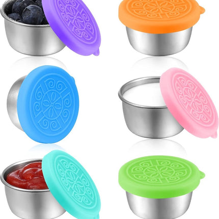 Mini Food Storage Containers - Stainless Steel Snack Box - To Go Set of 6 Dressing Jars 50ml - Sustainable Snack Boxes - Freezer Containers - Lunchbox Seal Cup - Silicone Storage Containers with Lids - Dressing Container - BPA Free - Leakproof - For Snack.