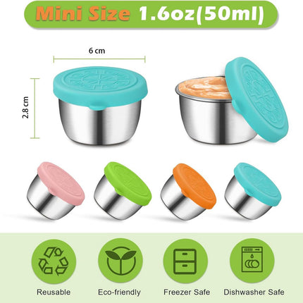Mini Food Storage Containers - Stainless Steel Snack Box - To Go Set of 6 Dressing Jars 50ml - Sustainable Snack Boxes - Freezer Containers - Lunchbox Seal Cup - Silicone Storage Containers with Lids - Dressing Container - BPA Free - Leakproof - For Snack.