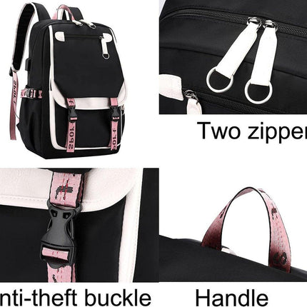 Girls School Student School Bag Outdoor Backpack With USB Charging Port, Black Pink - School Bag - Backpack - Rucksack - School - Girls - Boys - Teenagers - Book Bag - Girl's Backpack - Backpacks - Rucksack For Children - Waterproof - Laptop Backpack.
