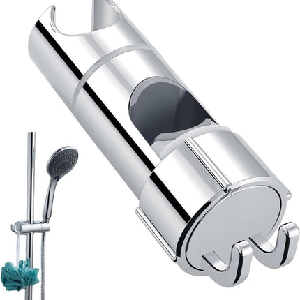 Slide Piece for Shower Rod - ø 18-25 mm - Hand Shower Bracket - With 2 Hooks - Chrome - Adjustable - ABS - Hand Shower - Shower Head - Shower Head Holder - Hand Shower Holder - Shower - Bathroom - Silver - Universal - For Shower Rod - Easy Installation.