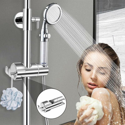 Slide Piece for Shower Rod - ø 18-25 mm - Hand Shower Bracket - With 2 Hooks - Chrome - Adjustable - ABS - Hand Shower - Shower Head - Shower Head Holder - Hand Shower Holder - Shower - Bathroom - Silver - Universal - For Shower Rod - Easy Installation.