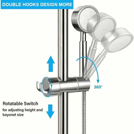Slide Piece for Shower Rod - ø 18-25 mm - Hand Shower Bracket - With 2 Hooks - Chrome - Adjustable - ABS - Hand Shower - Shower Head - Shower Head Holder - Hand Shower Holder - Shower - Bathroom - Silver - Universal - For Shower Rod - Easy Installation.