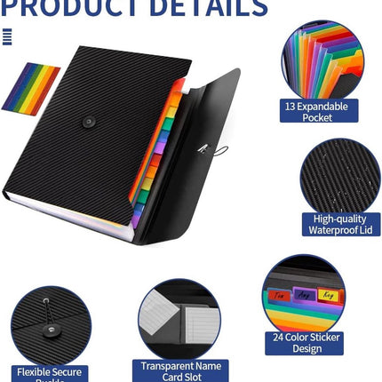 Project Folder - A4 - Foldable File Folder with Tabs - 13 Compartments - Storage Folder/Sorting Folder - Compartment Folder - Durable Plastic Document Folder - Writing Folder with Buckle - Conference Folder - Work Folder - Document Folder - Black - Portab.
