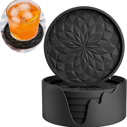 Silicone Coasters with Holder - Set of 6 - Glass Coasters - Coaster Set - Round Coaster Design - Drink Coasters - Table Glass Coasters - Coasters - Anti-Slip - Heat Resistant - Black - Gift.