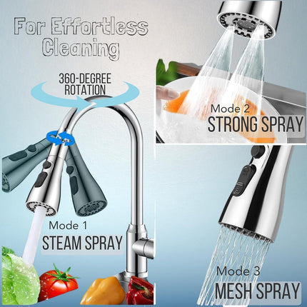Faucet Attachment - 360 Degree Rotation - Kitchen Tap G1/2 - 3 Positions - Faucet Head - Washing Up - Kitchen Faucet - Water Saving - Flexible Faucet Head - Extension - Faucet Parts - Rotating Faucet Hose - Faucet Nozzle - Silver - For Bathroom Washbasin.