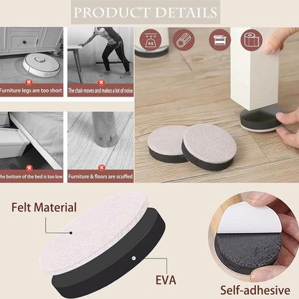 Furniture Risers - 16 Pieces - Furniture Riser Set - Bed Riser - Adjustable Furniture Legs - Furniture Coasters - Furniture Felt - Strong Space-Saving Riser - Felt Pads - Self-Adhesive - Anti-Slip - Floor Protection - Furniture Elevation - Bed Risers.