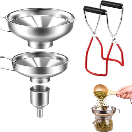 Funnel Set - 4 Pieces - Stainless Steel - Kitchen Funnels - Metal Filling Funnel - Kitchen Funnel - Jam Funnel - Includes Can Clips - Liquid - Pouring - Dishwasher Safe - Kitchen Helper Tool - For Transferring Essential Oils, Liquids.