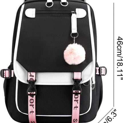 Girls School Student School Bag Outdoor Backpack With USB Charging Port, Black White - School Bag - Backpack - Rucksack - School - Girls - Boys - Teenagers - Book Bag - Girl's Backpack - Backpacks - Rucksack For Children - Waterproof - Laptop Backpack.