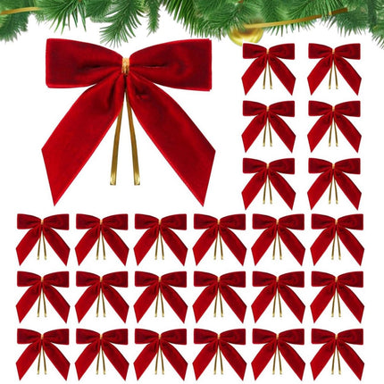 24 Piece Velvet Christmas Bows - Glitter - Christmas Decoration Bows - Christmas Ornaments - Christmas Tree Decoration - Christmas Bows - Christmas Atmosphere - Christmas - 3.5 x 3.5 inches - For Christmas Party, Christmas Tree, Indoors, Crafts - Red.