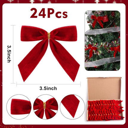 24 Piece Velvet Christmas Bows - Glitter - Christmas Decoration Bows - Christmas Ornaments - Christmas Tree Decoration - Christmas Bows - Christmas Atmosphere - Christmas - 3.5 x 3.5 inches - For Christmas Party, Christmas Tree, Indoors, Crafts - Red.