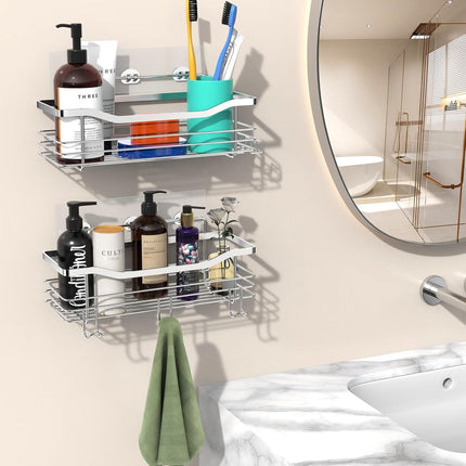 Shower Rack - 2-Tier - Wall Shower Rack - Bathroom Rack - Storage - No Drilling Required Shower Rack - Shower Basket - Hanging Shower Rack - Small Rack for In The Shower - Bathroom Shelf - Shampoo Rack - Shower Rack - Stainless Steel - Self-Adhesive - For.
