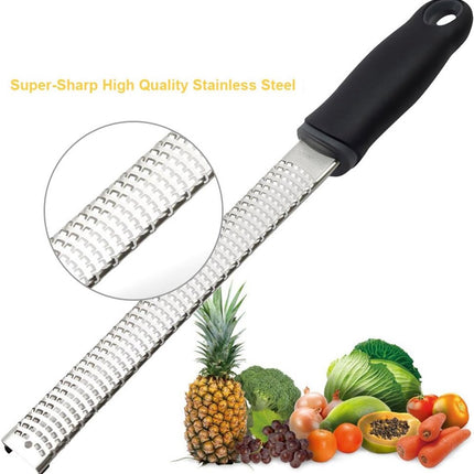 Grater - Professional zester - Fast and efficient Lemon grater - Multifunctional Long hand grater - Cheese grater - Ginger grater - Garlic grater - Narrow long grater - Kitchen grater - ergonomic soft handle - High-quality stainless steel - Black.