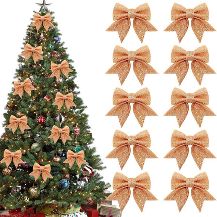 10 Gold Christmas Bows - 12 x 15 cm - Glitter - Christmas Decoration Bows - Christmas Ornaments - Christmas Tree Decoration - Christmas Bows - Christmas Atmosphere - Christmas - For Christmas Party, Christmas Tree, Indoors, Crafts.
