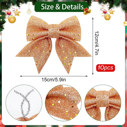 10 Gold Christmas Bows - 12 x 15 cm - Glitter - Christmas Decoration Bows - Christmas Ornaments - Christmas Tree Decoration - Christmas Bows - Christmas Atmosphere - Christmas - For Christmas Party, Christmas Tree, Indoors, Crafts.