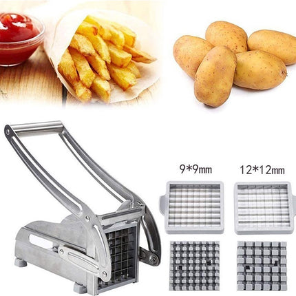 French Fry Cutter - Potato Cutter - Vegetable Cutter - 2 Inserts - Non-Slip Rubber Base - Dishwasher Safe - With Soft-Touch Handle - Effortless Vegetable Sticks - 9 and 12 mm - Stainless Steel - Sturdy - Professional.