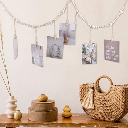 Photo Garland - Hanging Card/Photo Garland - Photo Rope 120 Cm - Photo Hanging Display With 7 Photo Clips - DIY Photo Frame - Wall Decoration - Boho Wooden Bead Hanging Photo Frames - For Hanging Photo Postcards - 2 Pieces.