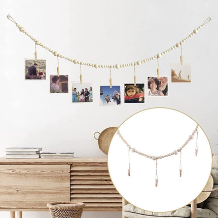 Photo Garland - Hanging Card/Photo Garland - Photo Rope 120 Cm - Photo Hanging Display With 7 Photo Clips - DIY Photo Frame - Wall Decoration - Boho Wooden Bead Hanging Photo Frames - For Hanging Photo Postcards - 2 Pieces.