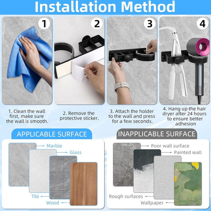 Hair Dryer Wall Bracket Holder - Hair Dryer - Hair Dryers - Hair Dryer Holders - Bathroom Hanging Rack - Hair Dryer Brush - Hair Dryer Holder - Wall Mount - Self-Adhesive - Universal - Hair Dryer - Wall Mount - For Hotel, Bathroom, Living Room, Barbershop.